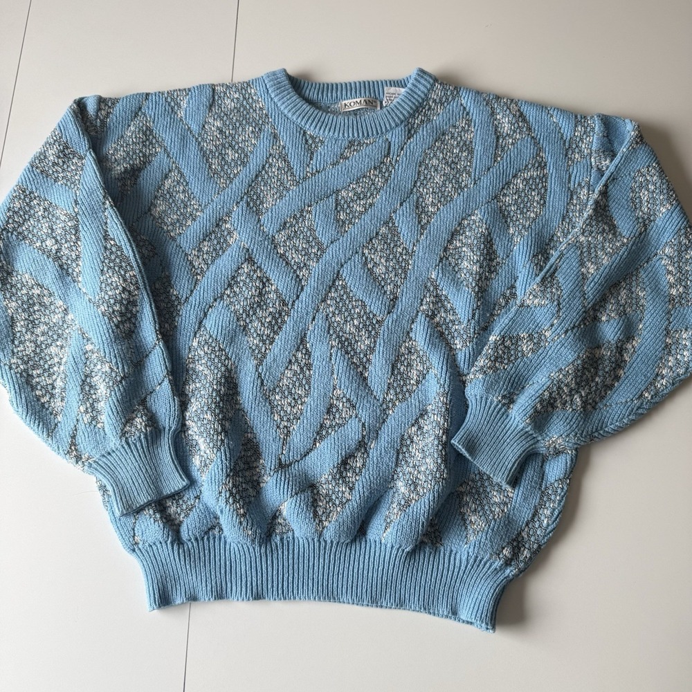 Vintage Koman Coogi Style 3D Knit‎ Acrylic Sweater Size M Light Blue Abstract